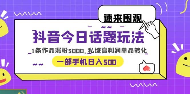 抖音今日话题玩法，1条作品涨粉5000，私域高利润单品转化 一部手机日入500-九章网创