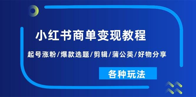 小红书商单变现教程：起号涨粉/爆款选题/剪辑/蒲公英/好物分享/各种玩法-九章网创