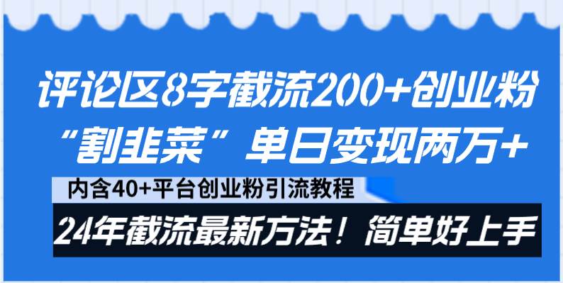 评论区8字截流200+创业粉“割韭菜”单日变现两万+24年截流最新方法！-九章网创