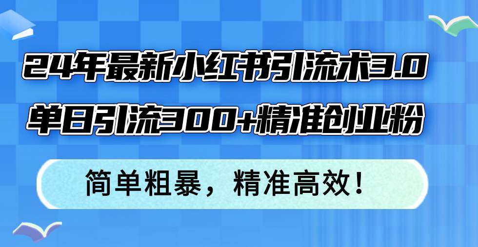 24年最新小红书引流术3.0，单日引流300+精准创业粉，简单粗暴，精准高效！-九章网创