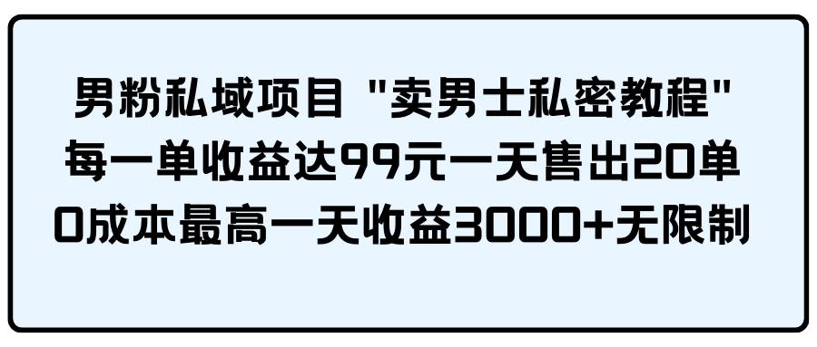 男粉私域项目 卖男士私密教程 每一单收益达99元一天售出20单-九章网创