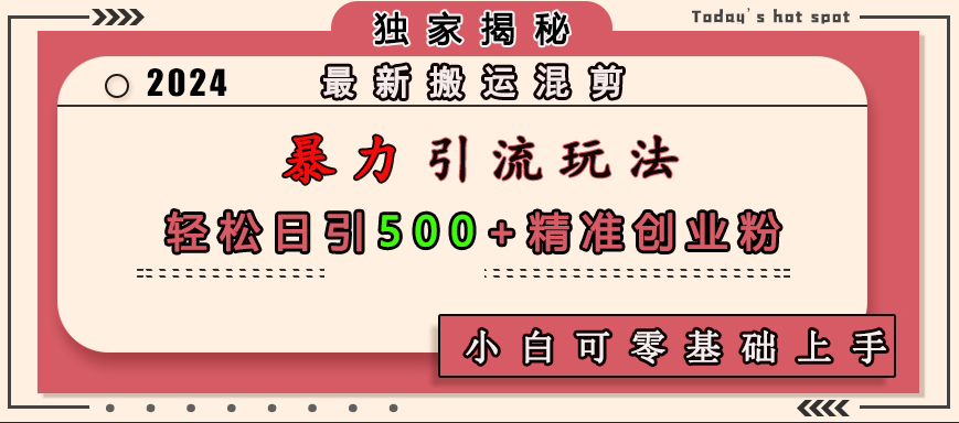 最新搬运混剪暴力引流玩法，轻松日引500+精准创业粉，小白可零基础上手-九章网创