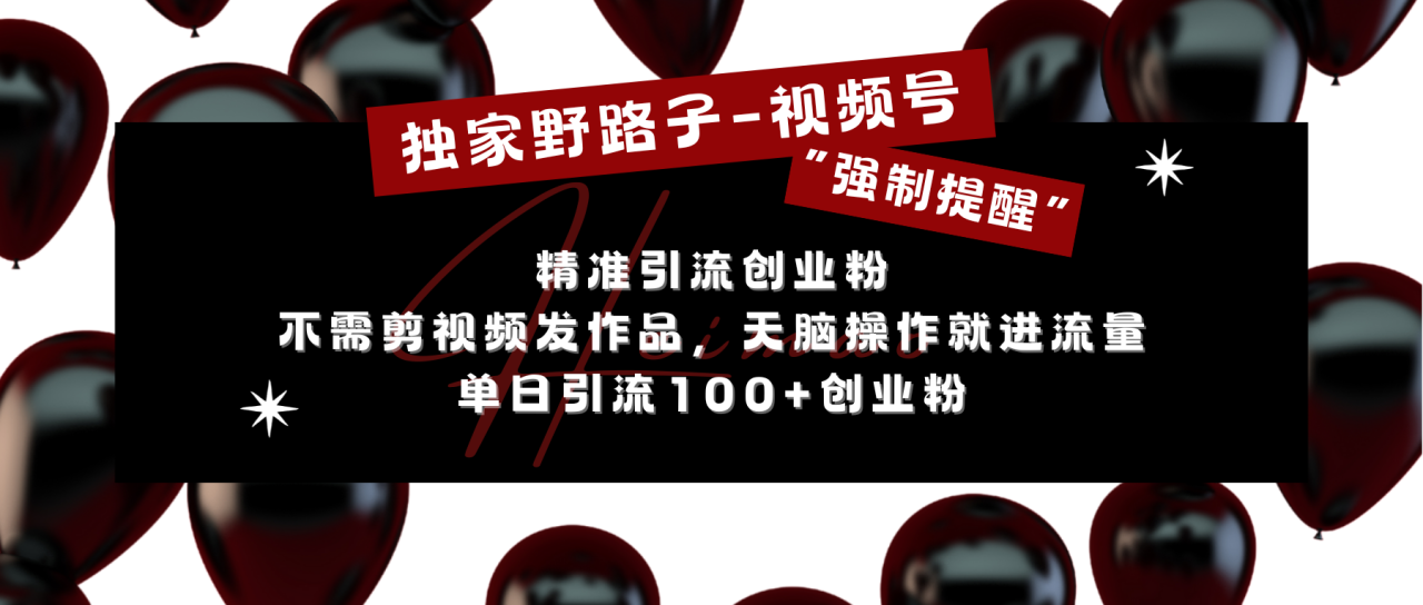 独家野路子利用视频号“强制提醒”，精准引流创业粉 不需剪视频发作品，无脑操作就进流量，单日引流100+创业粉-九章网创